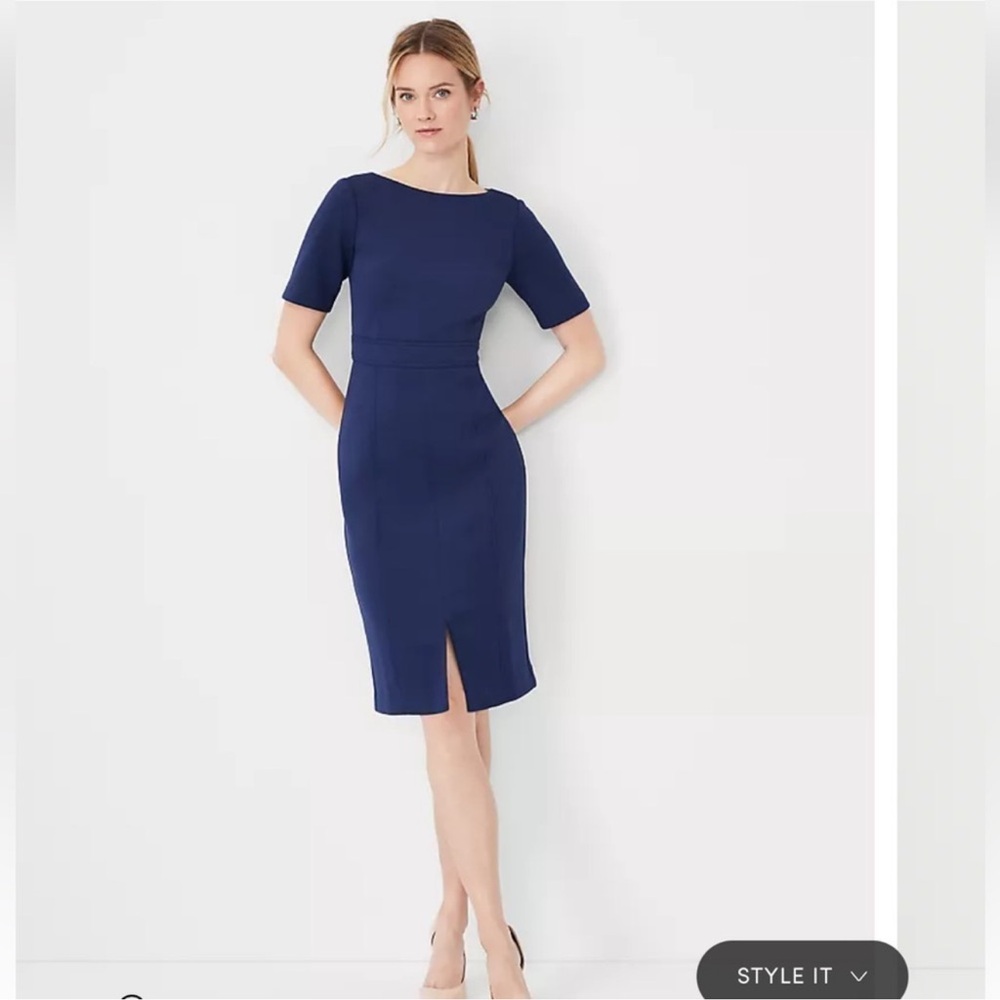 Ann Taylor Navy Blue Knee-Length Sheath Dress with Slit in Double Knit